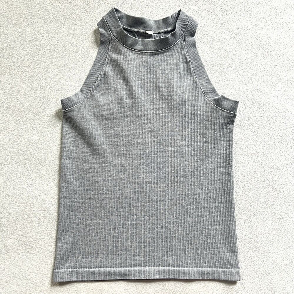 Athleta Women Solid Gray High Neck Ribbed Renew Seamless Racerback Tank Top XS - Picture 1 of 7